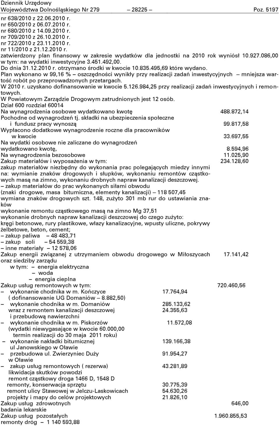 835.495,69 które wydano. Plan wykonano w 99,16 % oszczňdnoōci wynikły przy realizacji zadaŋ inwestycyjnych mniejsza wartoōń robót po przeprowadzonych przetargach. W 2010 r.