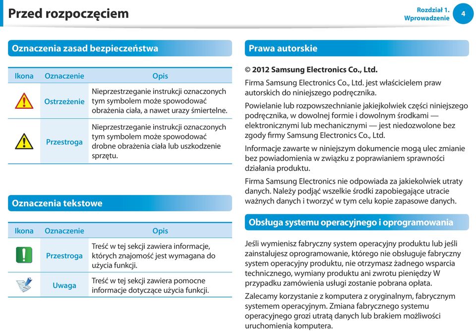 a nawet urazy śmiertelne. Nieprzestrzeganie instrukcji oznaczonych tym symbolem może spowodować drobne obrażenia ciała lub uszkodzenie sprzętu.