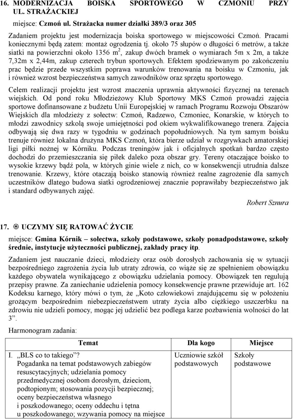 około 75 słupów o długości 6 metrów, a także siatki na powierzchni około 1356 m 2, zakup dwóch bramek o wymiarach 5m x 2m, a także 7,32m x 2,44m, zakup czterech trybun sportowych.