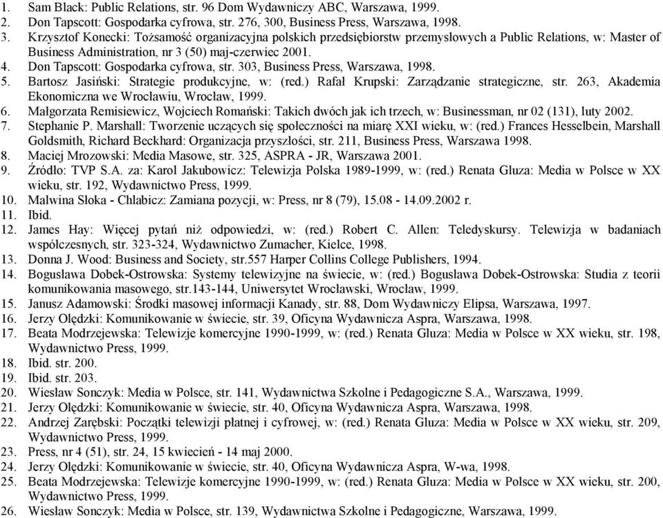 Krzysztof Konecki: ToŜsamość organizacyjna polskich przedsiębiorstw przemysłowych a Public Relations, w: Master of Business Administration, nr 3 (50) maj-czerwiec 2001. 4.