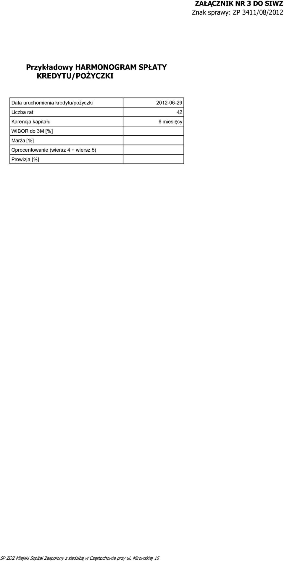 kredytu/pożyczki 2012-06-29 Liczba rat 42 Karencja kapitału 6