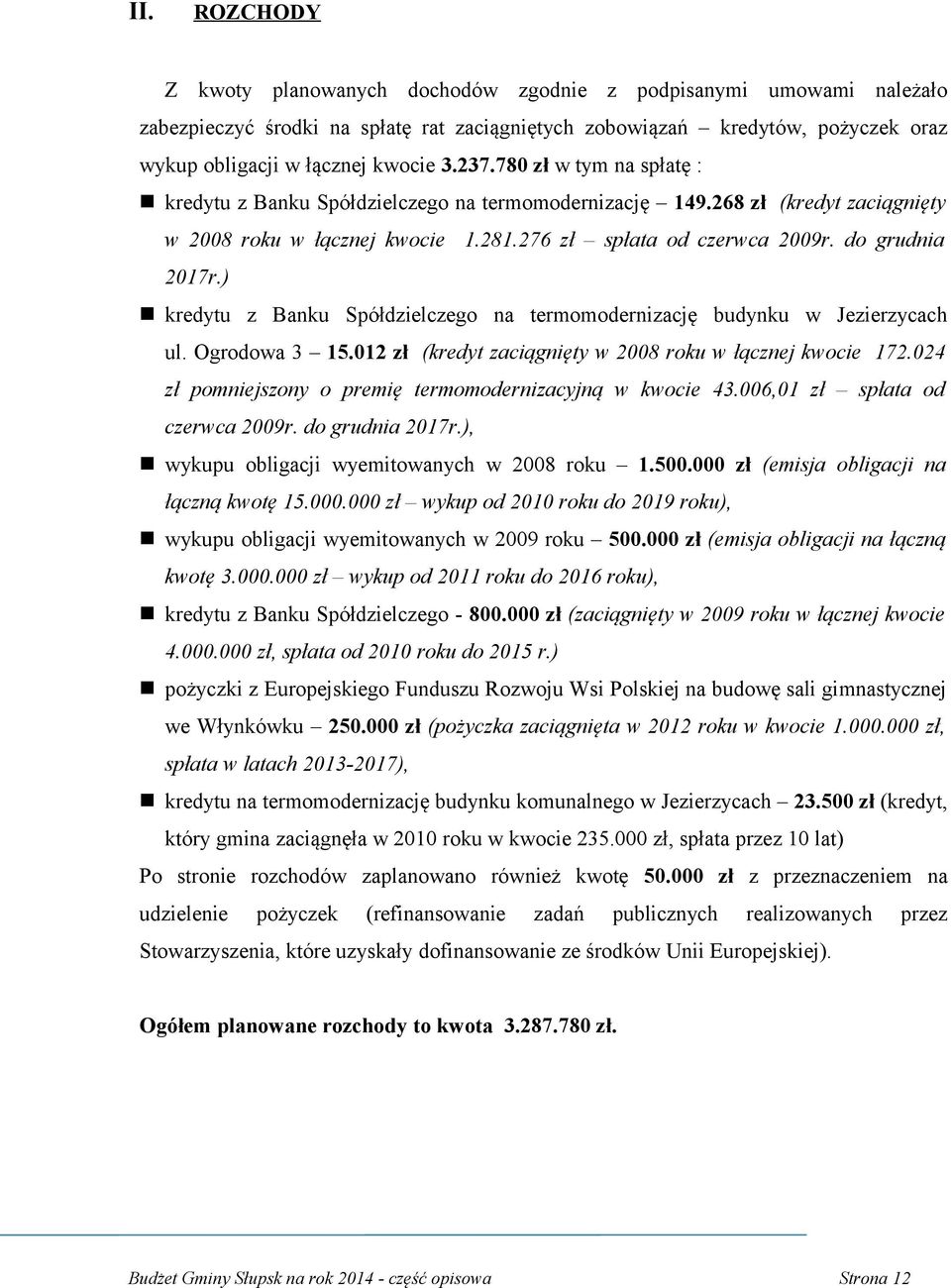 ) kredytu z Banku Spółdzielczego na termomodernizację budynku w Jezierzycach ul. Ogrodowa 3 15.012 zł (kredyt zaciągnięty w 2008 roku w łącznej kwocie 172.