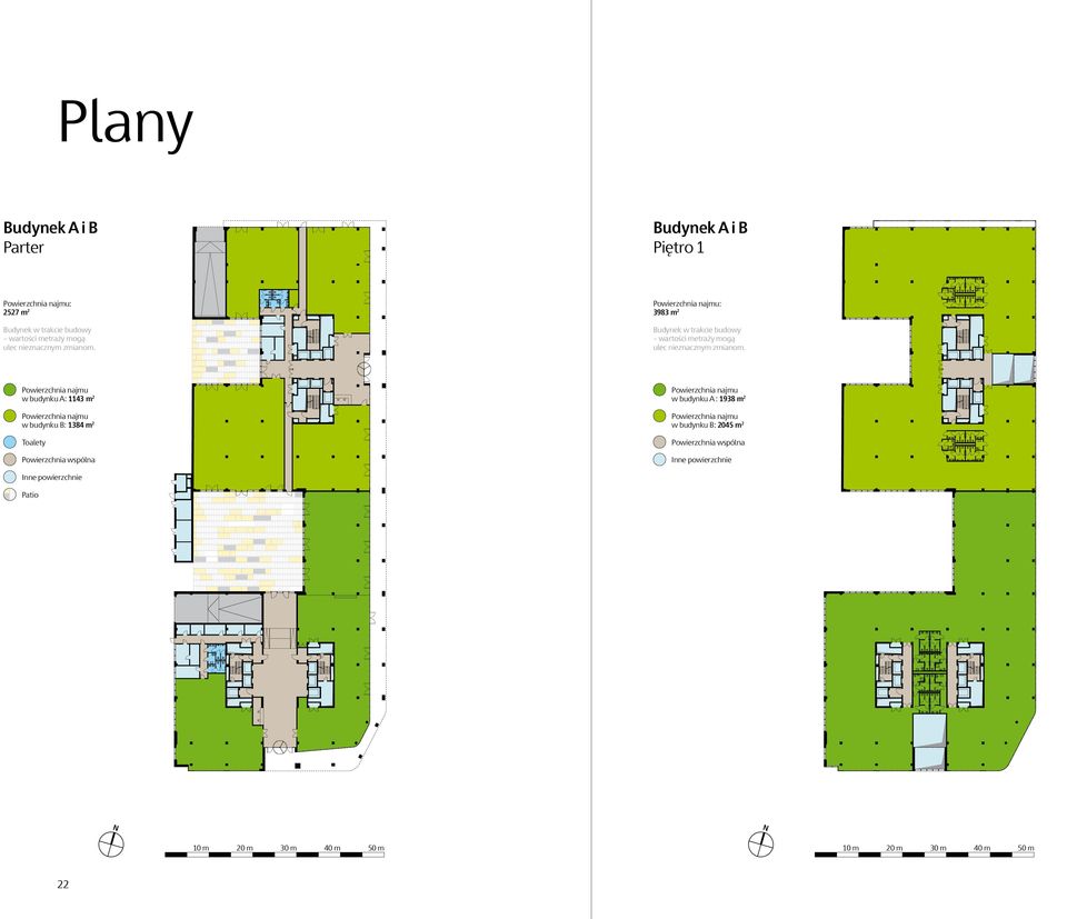 w budynku A: 1143 m 2 w budynku B: 1384 m 2 Toalety Powierzchnia wspólna w budynku A : 1938 m 2 w budynku B: