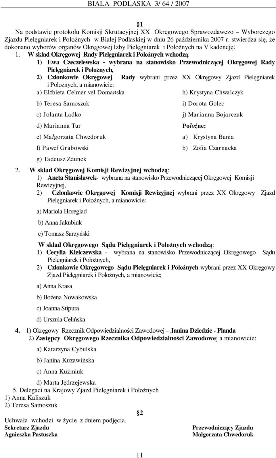 W sk ad Okr gowej Rady Piel gniarek i Po nych wchodz : 1) Ewa Czeczelewska - wybrana na stanowisko Przewodnicz cej Okr gowej Rady Piel gniarek i Po nych, 2) Cz onkowie Okr gowej Rady wybrani przez XX