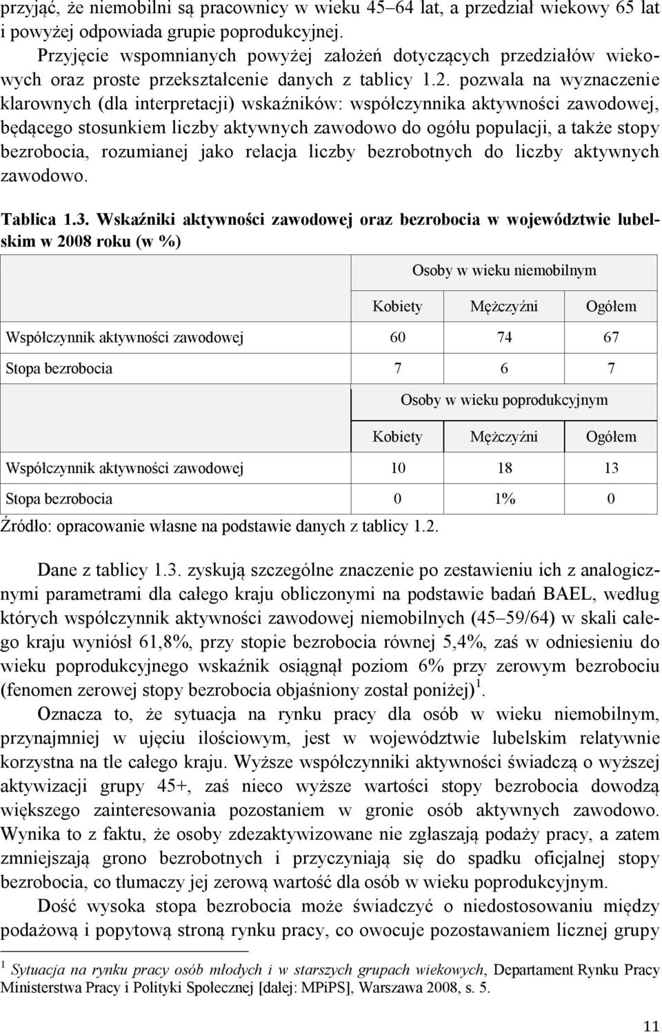 pozwala na wyznaczenie klarownych (dla interpretacji) wskaźników: współczynnika aktywności zawodowej, będącego stosunkiem liczby aktywnych zawodowo do ogółu populacji, a także stopy bezrobocia,