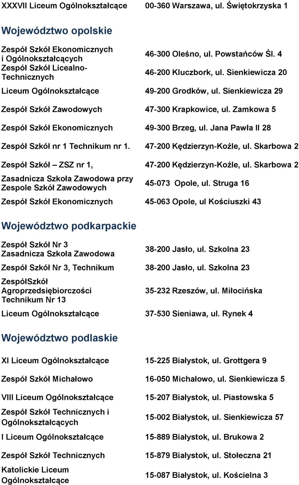 Jana Pawła II 28 Zespół Szkół nr 1 Technikum nr 1. 47-200 Kędzierzyn-Koźle, ul. Skarbowa 2 Zespół Szkół ZSZ nr 1, 47-200 Kędzierzyn-Koźle, ul.