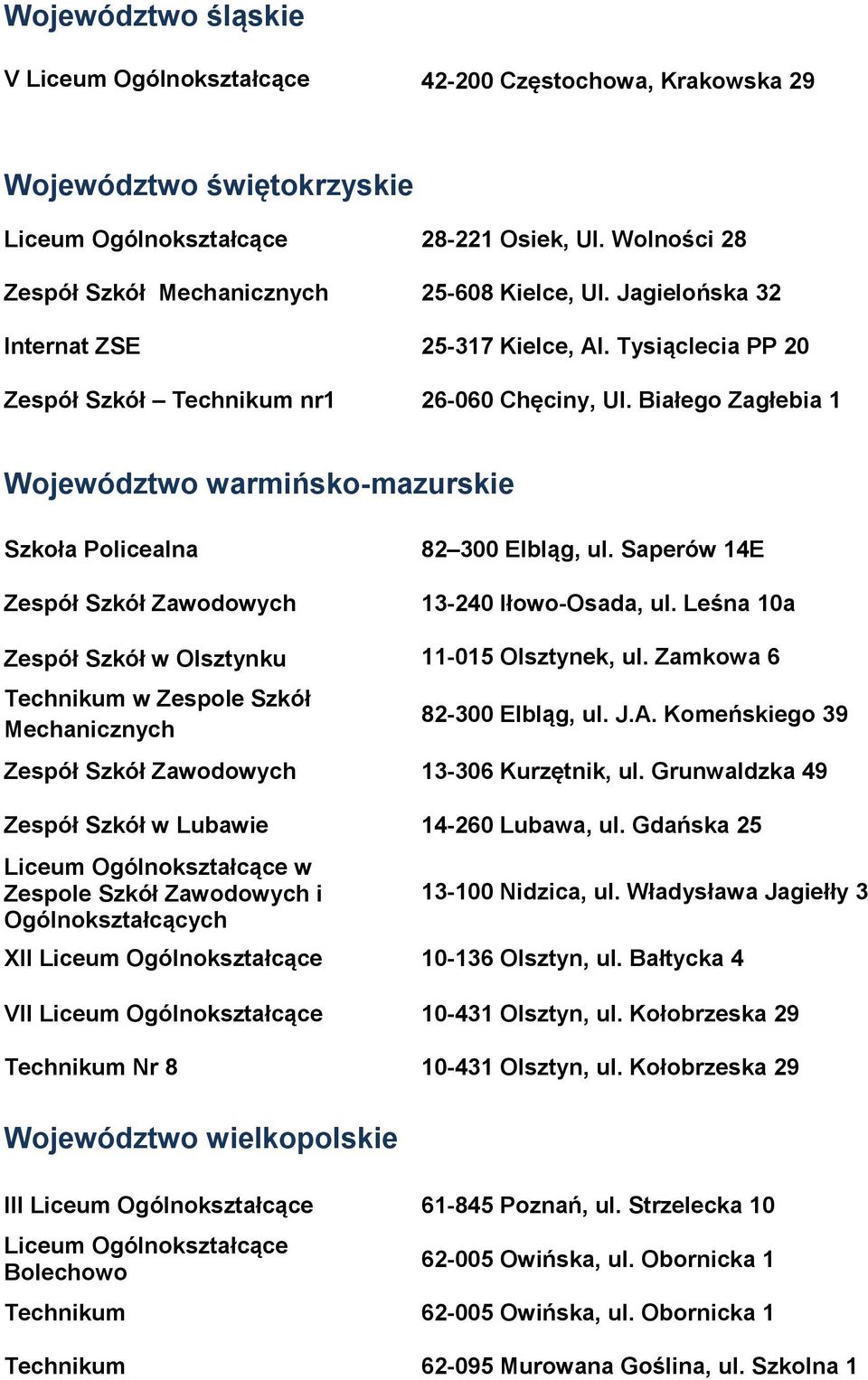 Białego Zagłebia 1 Województwo warmińsko-mazurskie Szkoła Policealna Zespół Szkół Zawodowych 82 300 Elbląg, ul. Saperów 14E 13-240 Iłowo-Osada, ul.