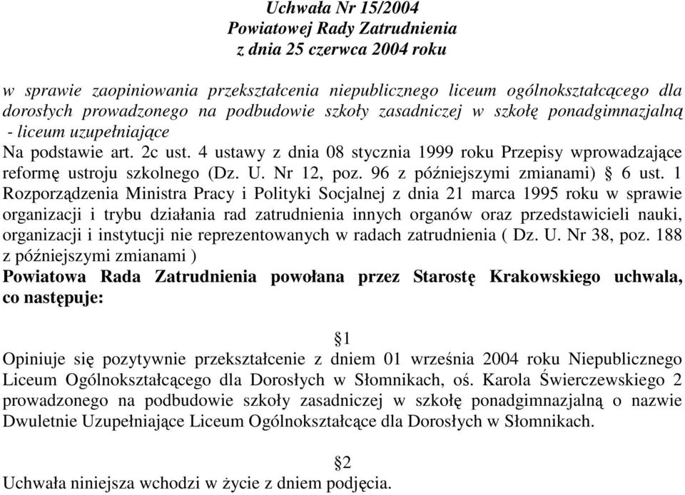 1 Rozporządzenia Ministra Pracy i Polityki Socjalnej z dnia 21 marca 1995 roku w sprawie z późniejszymi zmianami ) Opiniuje się pozytywnie przekształcenie z dniem 01 września 2004 roku