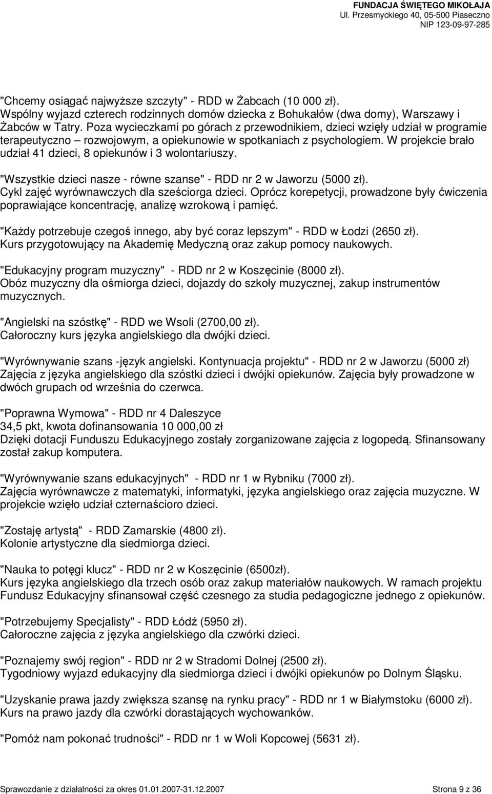 W projekcie brało udział 41 dzieci, 8 opiekunów i 3 wolontariuszy. "Wszystkie dzieci nasze - równe szanse" - RDD nr 2 w Jaworzu (5000 zł). Cykl zajęć wyrównawczych dla sześciorga dzieci.