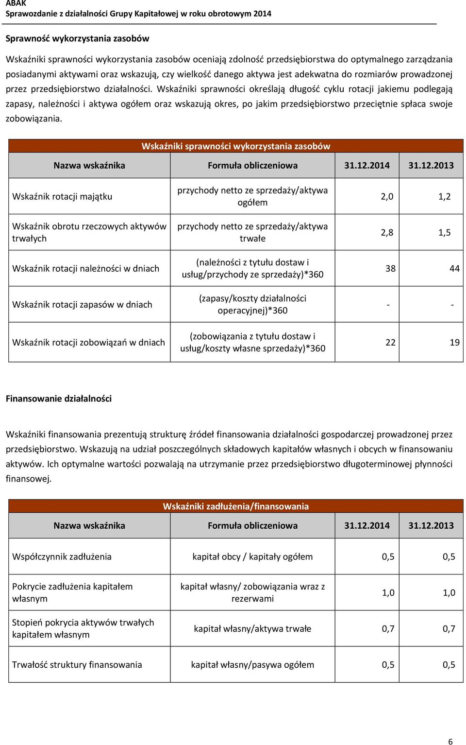 Wskaźniki sprawności określają długość cyklu rotacji jakiemu podlegają zapasy, należności i aktywa ogółem oraz wskazują okres, po jakim przedsiębiorstwo przeciętnie spłaca swoje zobowiązania.