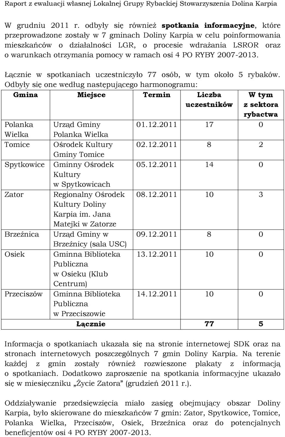 otrzymania pomocy w ramach osi 4 PO RYBY 2007-2013. Łącznie w spotkaniach uczestniczyło 77 osób, w tym około 5 rybaków.