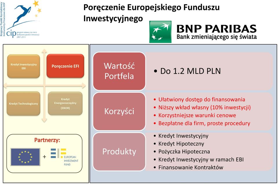 wkład własny (10% inwestycji) Korzystniejsze warunki cenowe Bezpłatne dla firm, proste procedury + Produkty