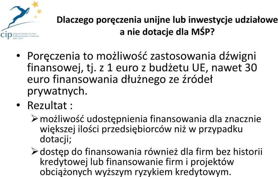 z 1 euro z budżetu UE, nawet 30 euro finansowania dłużnego ze źródeł prywatnych.