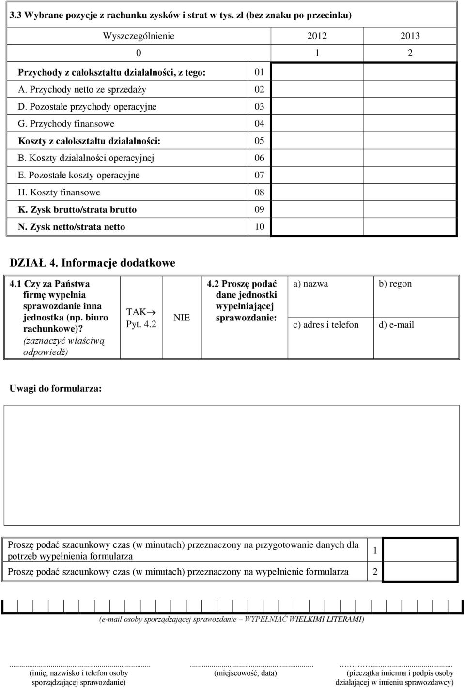 Pozostałe koszty operacyjne 07 H. Koszty finansowe 08 K. Zysk brutto/strata brutto 09 N. Zysk netto/strata netto 10 DZIAŁ 4. Informacje dodatkowe 4.