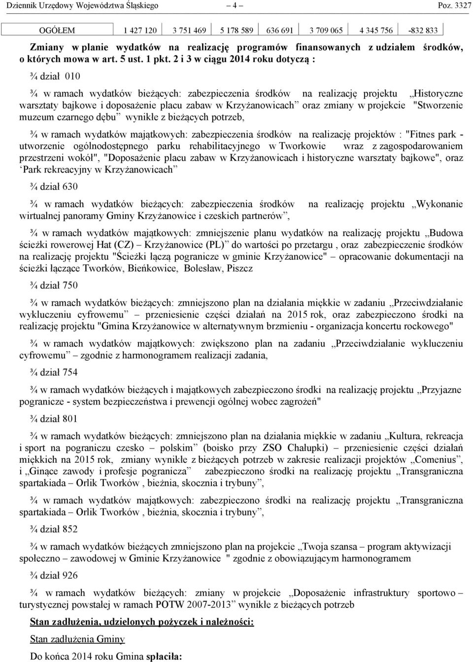 2 i 3 w ciągu 2014 roku dotyczą : ¾ dział 010 ¾ w ramach wydatków bieżących: zabezpieczenia środków na realizację projektu Historyczne warsztaty bajkowe i doposażenie placu zabaw w Krzyżanowicach