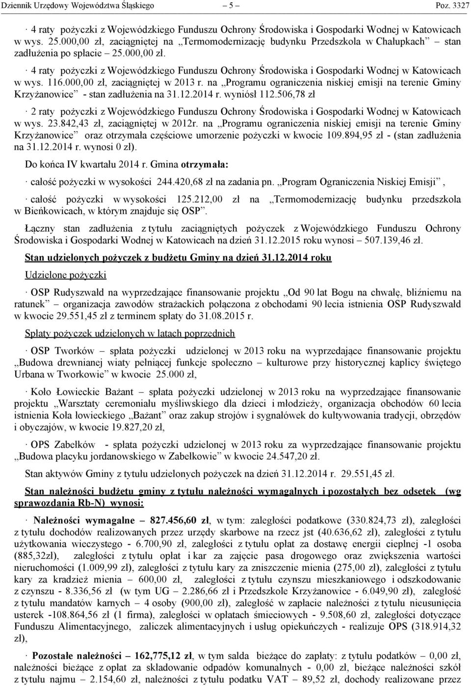 116.000,00 zł, zaciągniętej w 2013 r. na Programu ograniczenia niskiej emisji na terenie Gminy Krzyżanowice - stan zadłużenia na 31.12.2014 r. wyniósł 112.