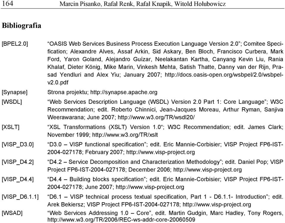 Dieter König, Mike Marin, Vinkesh Mehta, Satish Thatte, Danny van der Rijn, Prasad Yendluri and Alex Yiu; January 2007; http://docs.oasis-open.org/wsbpel/2.0/wsbpelv2.0.pdf Strona projektu; http://synapse.