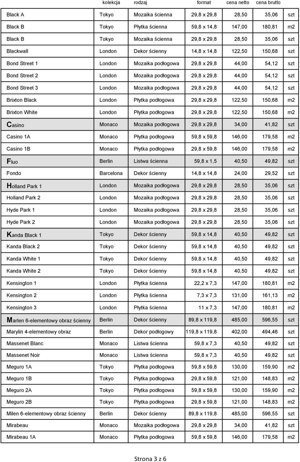 Mozaika podłogowa 29,8 x 29,8 44,00 54,12 szt Brixton Black London Płytka podłogowa 29,8 x 29,8 122,50 150,68 m2 Brixton White London Płytka podłogowa 29,8 x 29,8 122,50 150,68 m2 Casino Monaco