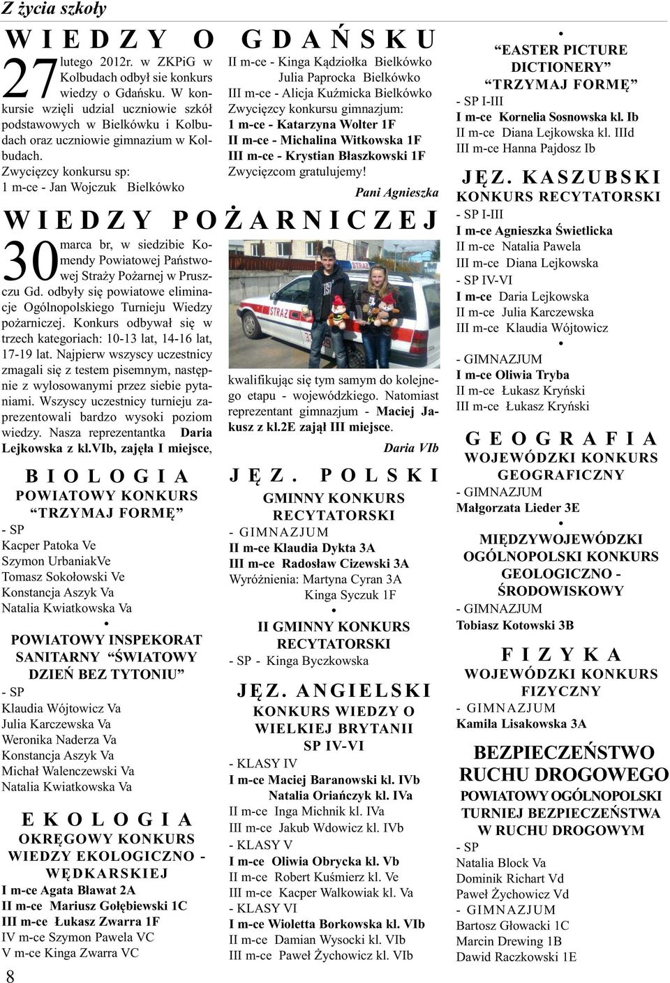 Zwycięzcy konkursu sp: 1 m-ce - Jan Wojczuk Bielkówko br, w siedzibie Komendy Powiatowej Państwowej Straży Pożarnej w Prusz- 30marca czu Gd.