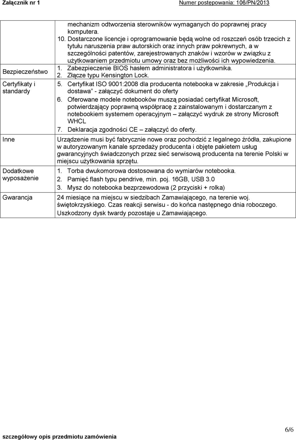 wzorów w związku z użytkowaniem przedmiotu umowy oraz bez możliwości ich wypowiedzenia. 1. Zabezpieczenie BIOS hasłem administratora i użytkownika. 2. Złącze typu Kensington Lock. 5.