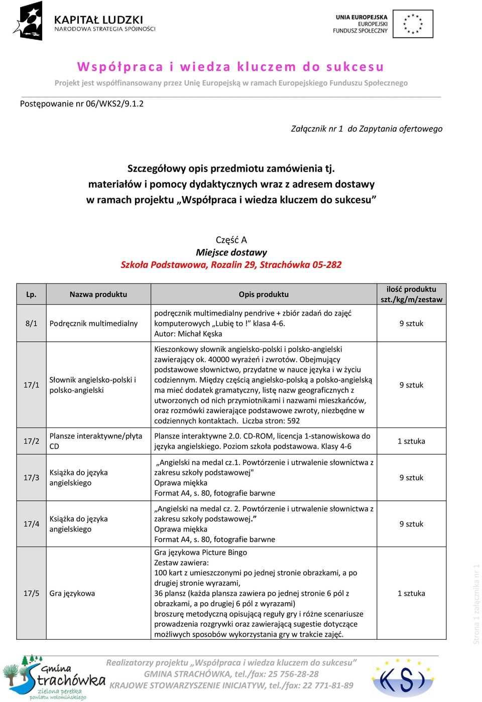 Nazwa produktu Opis produktu 8/1 Podręcznik multimedialny 17/1 17/2 17/3 17/4 Słownik angielsko-polski i polsko-angielski Plansze interaktywne/płyta CD Książka do języka angielskiego Książka do