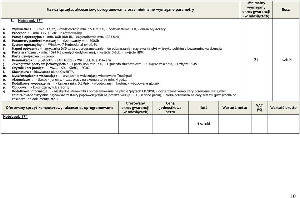 System operacyjny : - Windows 7 Professional 64-bit PL f. Napęd optyczny : - nagrywarka DVD wraz z oprogramowaniem do odtwarzania i nagrywania płyt w języku polskim z bezterminową licencją g.