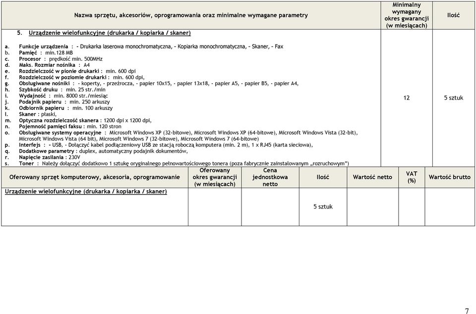 Rozdzielczość w pionie drukarki : min. 600 dpi f. Rozdzielczość w poziomie drukarki : min. 600 dpi, g.