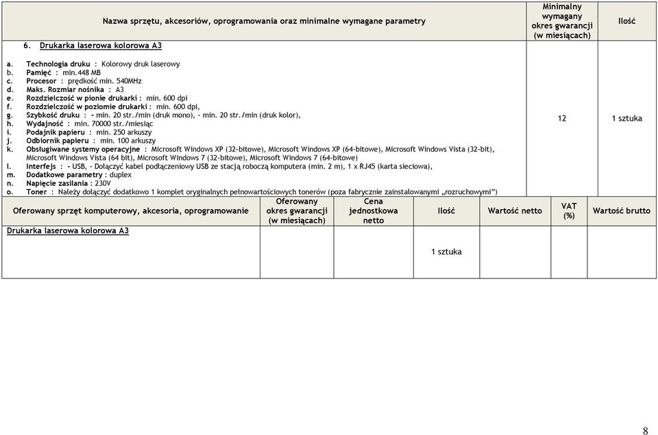 /min (druk mono), - min. 20 str./min (druk kolor), h. Wydajność : min. 70000 str./miesiąc i. Podajnik papieru : min. 250 arkuszy j. Odbiornik papieru : min. 100 arkuszy k.