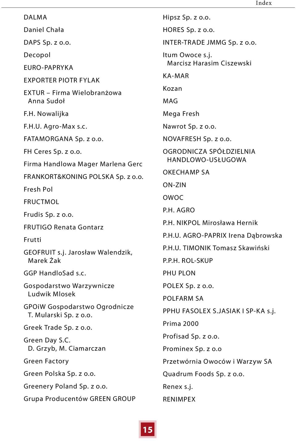 Gospodarstwo Warzywnicze Ludwik Mlosek GPOiW Gospodarstwo Ogrodnicze T. Mularski Sp. z o.o. Greek Trade Sp. z o.o. Green Day S.C. D. Grzyb, M. Ciamarczan Green Factory Green Polska Sp. z o.o. Greenery Poland Sp.