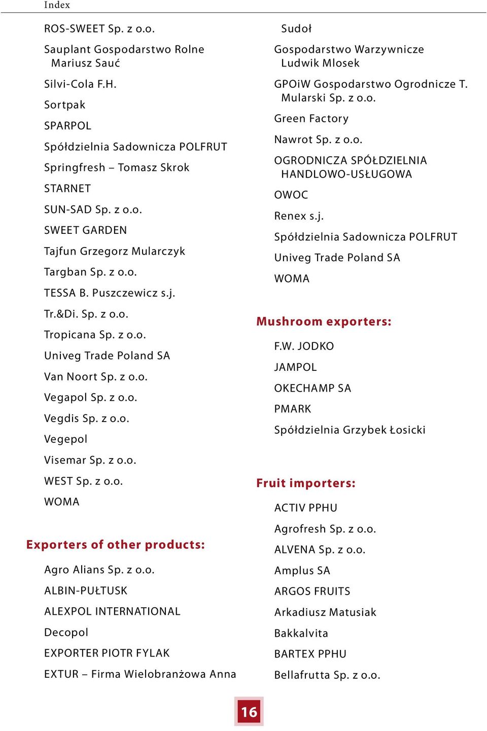 z o.o. ALBIN-PUŁTUSK ALEXPOL INTERNATIONAL Decopol EXPORTER PIOTR FYLAK EXTUR Firma Wielobranżowa Anna Sudoł Gospodarstwo Warzywnicze Ludwik Mlosek GPOiW Gospodarstwo Ogrodnicze T. Mularski Sp. z o.o. Green Factory Nawrot Sp.