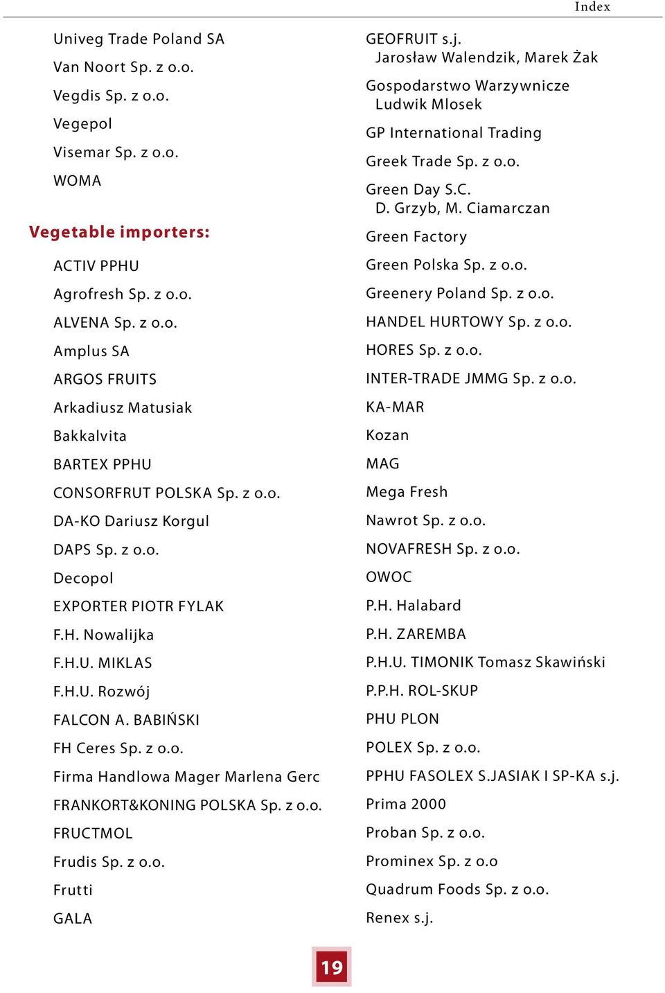 z o.o. FRUCTMOL Frudis Sp. z o.o. Frutti GALA GEOFRUIT s.j. Jarosław Walendzik, Marek Żak Gospodarstwo Warzywnicze Ludwik Mlosek GP International Trading Greek Trade Sp. z o.o. Green Day S.C. D. Grzyb, M.