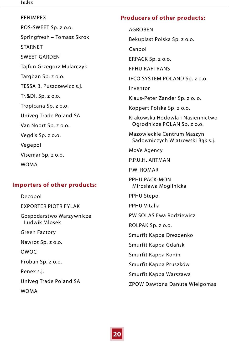 z o.o. Renex s.j. Univeg Trade Poland SA WOMA Producers of other products: AGROBEN Bekuplast Polska Sp. z o.o. Canpol ERPACK Sp. z o.o. FPHU RAFTRANS IFCO SYSTEM POLAND Sp. z o.o. Inventor Klaus-Peter Zander Sp.