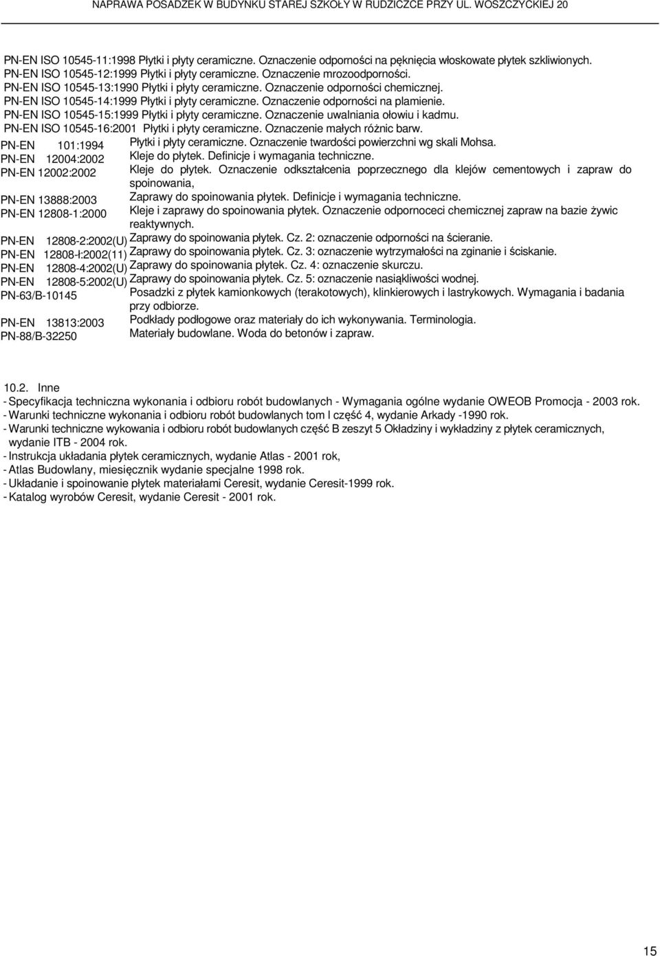 PN-EN ISO 10545-15:1999 Płytki i płyty ceramiczne. Oznaczenie uwalniania ołowiu i kadmu. PN-EN ISO 10545-16:2001 Płytki i płyty ceramiczne. Oznaczenie małych różnic barw.