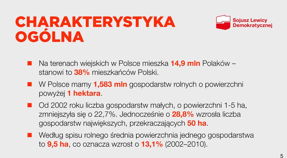 Od 2002 roku liczba gospodarstw małych, o powierzchni 1-5 ha, zmniejszyła się o 22,7%.