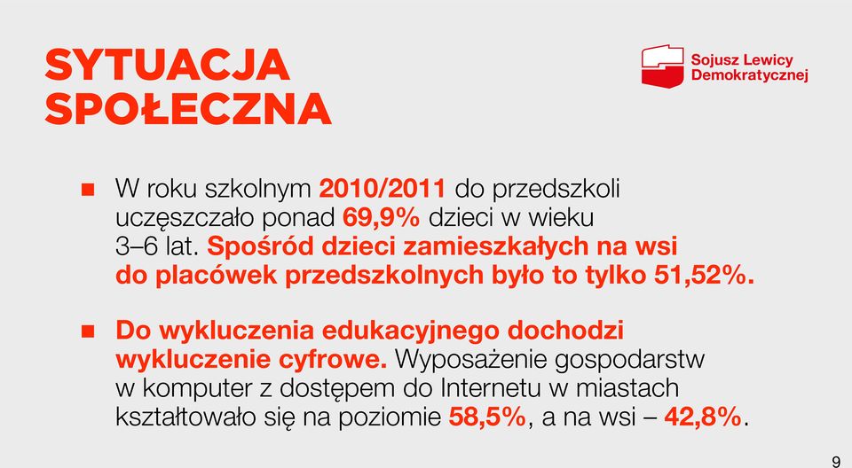 Spośród dzieci zamieszkałych na wsi do placówek przedszkolnych było to tylko 51,52%.