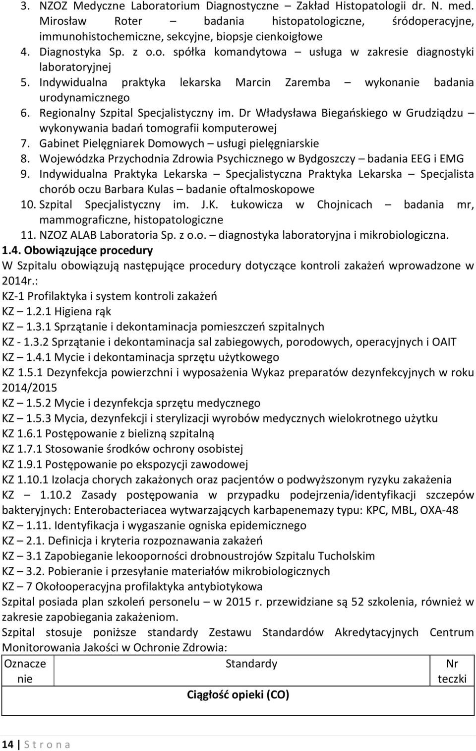 Regionalny Szpital Specjalistyczny im. Dr Władysława Biegańskiego w Grudziądzu wykonywania badań tomografii komputerowej 7. Gabinet Pielęgniarek Domowych usługi pielęgniarskie 8.