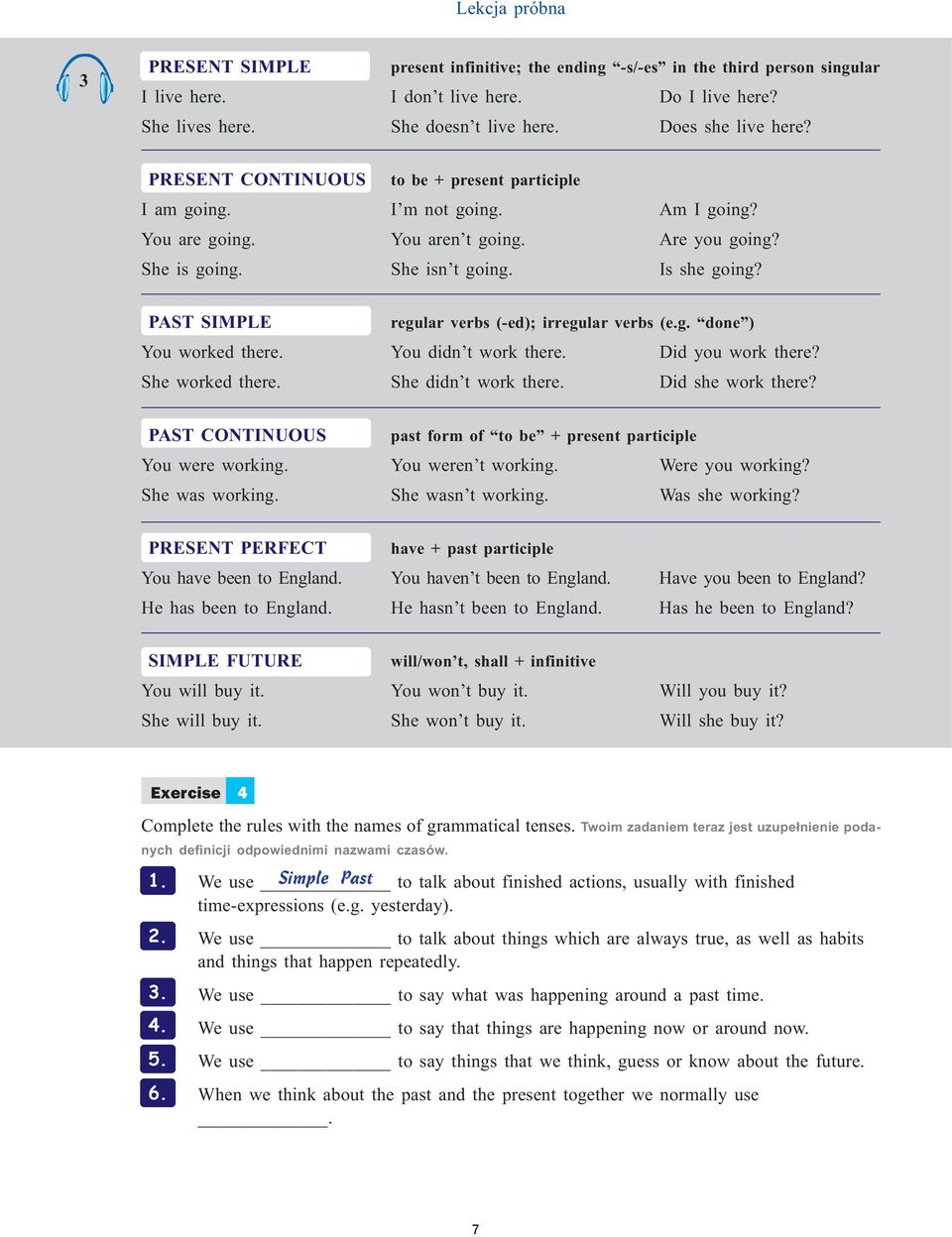 PAST SIMPLE regular verbs (-ed); irregular verbs (e.g. done ) You worked there. You didn t work there. Did you work there? She worked there. She didn t work there. Did she work there?