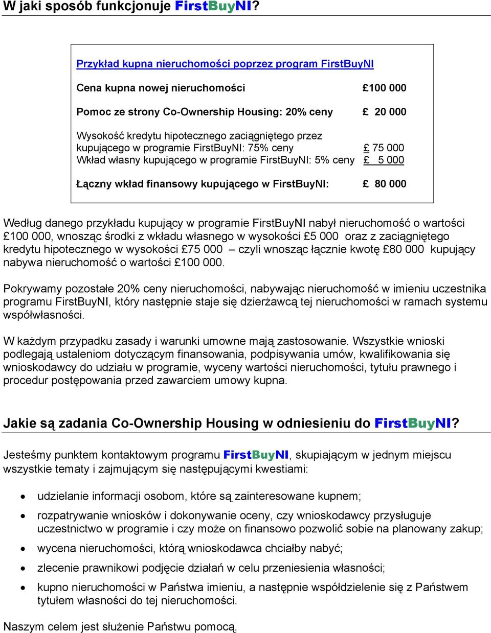 kupującego w programie FirstBuyNI: 75% ceny 75 000 Wkład własny kupującego w programie FirstBuyNI: 5% ceny 5 000 Łączny wkład finansowy kupującego w FirstBuyNI: 80 000 Według danego przykładu