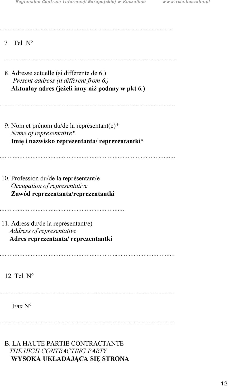 Profession du/de la représentant/e Occupation of representative Zawód reprezentanta/reprezentantki... 11.