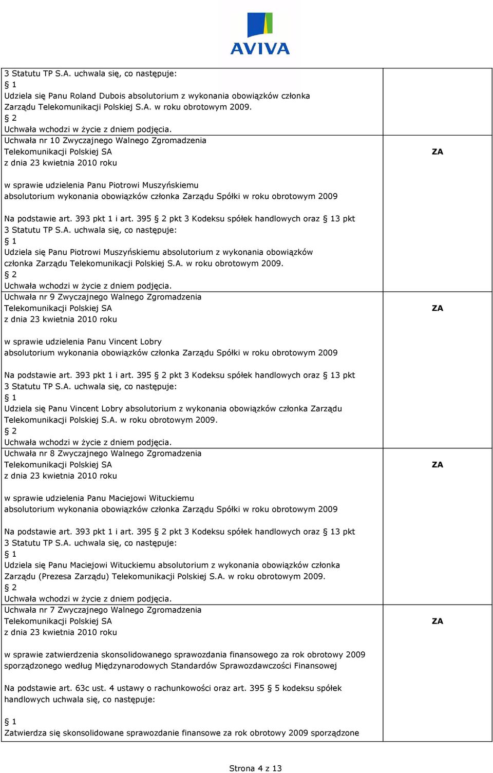 395 pkt 3 Kodeksu spółek handlowych oraz 3 pkt Udziela się Panu Piotrowi Muszyńskiemu absolutorium z wykonania obowiązków członka Zarządu Telekomunikacji Polskiej S.A. w roku obrotowym 2009.