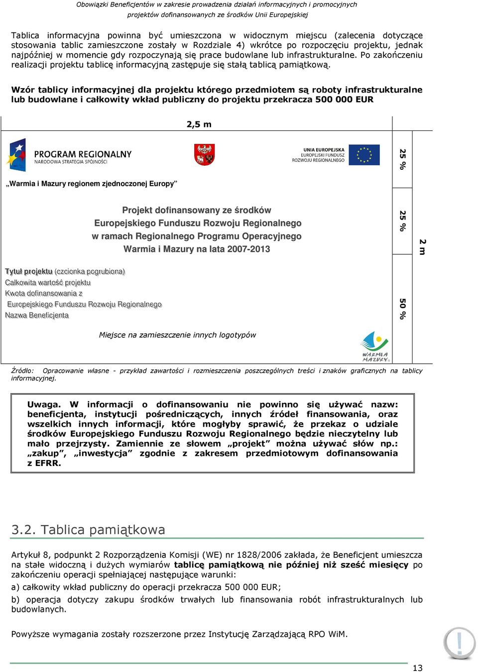 Wzór tablicy informacyjnej dla projektu którego przedmiotem są roboty infrastrukturalne lub budowlane i całkowity wkład publiczny do projektu przekracza 500 000 EUR 2,5 m 25 % Warmia i Mazury