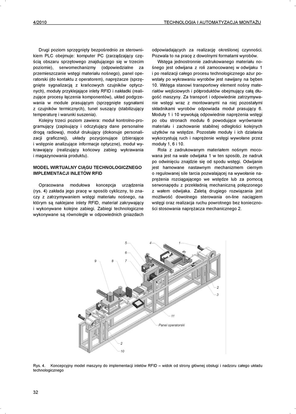 optycznych), moduły przyklejające inlety RFID i nakładki (realizujące procesy łączenia komponentów), układ podgrzewania w module prasującym (sprzęgnięte sygnałami z czujników termicznych), tunel