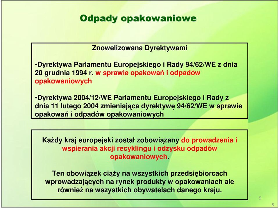 94/62/WE w sprawie opakowań i odpadów opakowaniowych Każdy kraj europejski został zobowiązany do prowadzenia i wspierania akcji recyklingu i