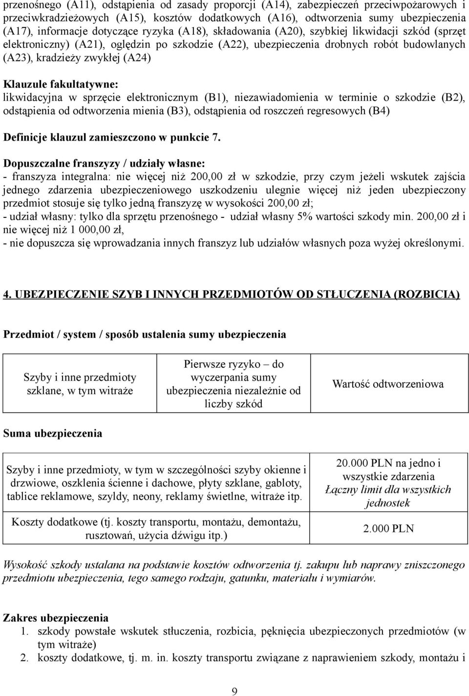 Klauzule fakultatywne: likwidacyjna w sprzęcie elektronicznym (B1), niezawiadomienia w terminie o szkodzie (B2), odstąpienia od odtworzenia mienia (B3), odstąpienia od roszczeń regresowych (B4)