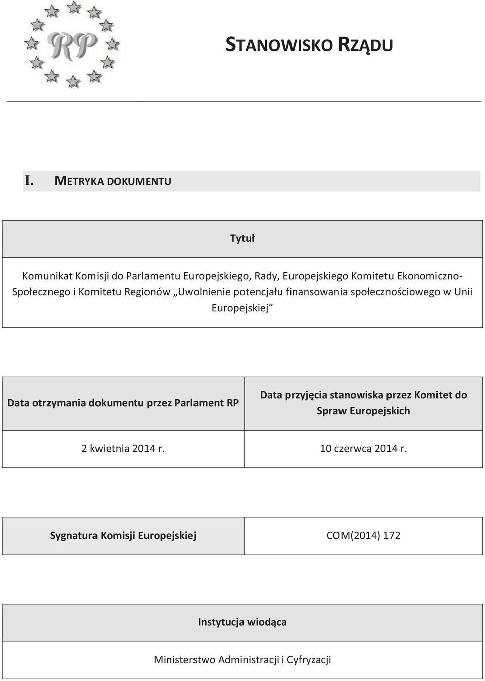 Społecznego i Komitetu Regionów Uwolnienie potencjału finansowania społecznościowego w Unii Europejskiej Data otrzymania