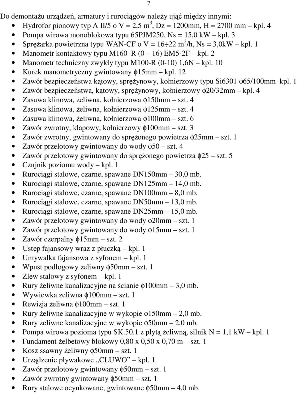 2 Manometr techniczny zwykły typu M100-R (0-10) 1,6N kpl. 10 Kurek manometryczny gwintowany φ15mm kpl. 12 Zawór bezpieczeństwa kątowy, sprężynowy, kołnierzowy typu Si6301 φ65/100mm kpl.