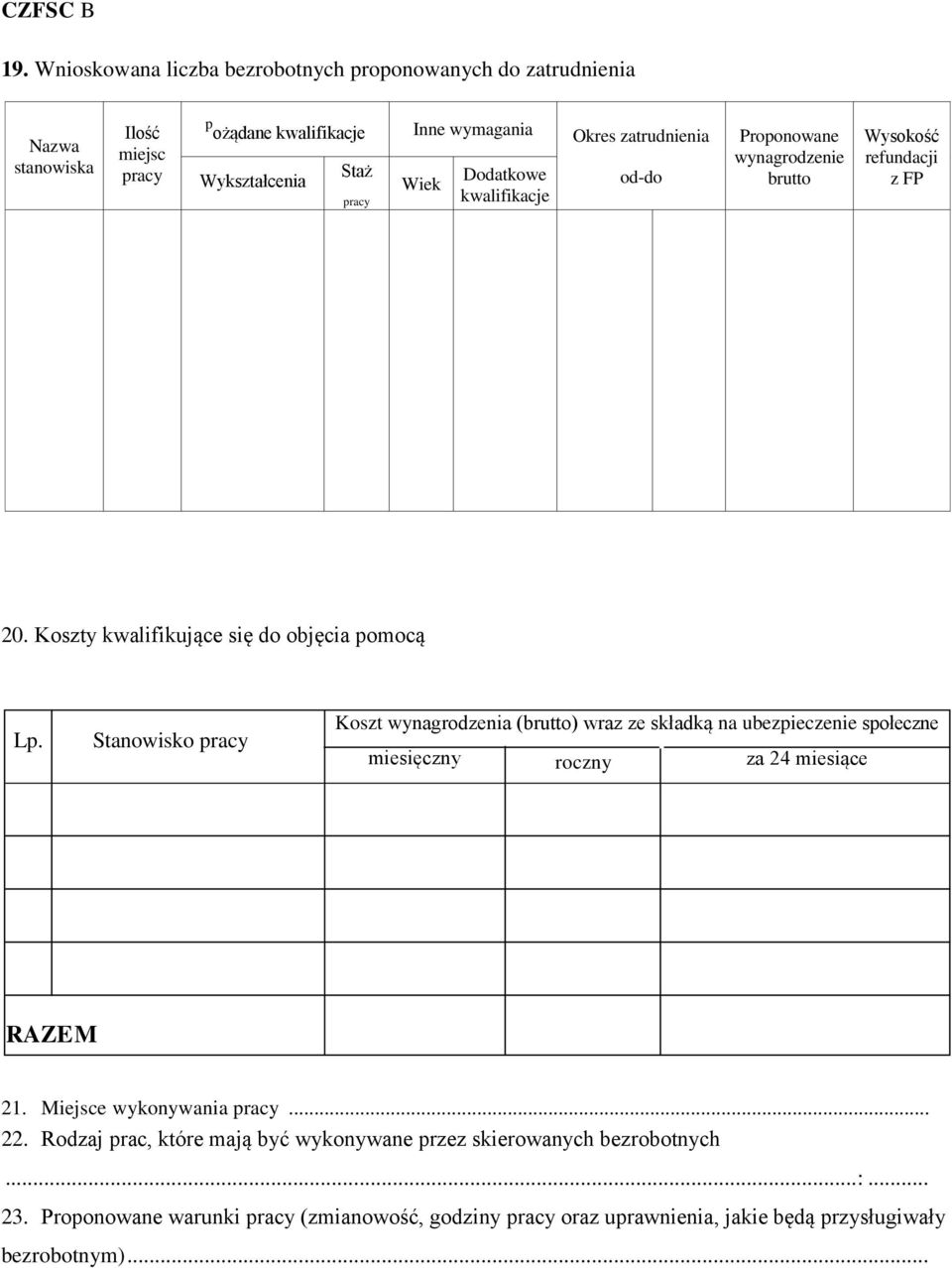 Staż pracy Wiek Dodatkowe kwalifikacje od-do Proponowane wynagrodzenie brutto Wysokość refundacji z FP 20.