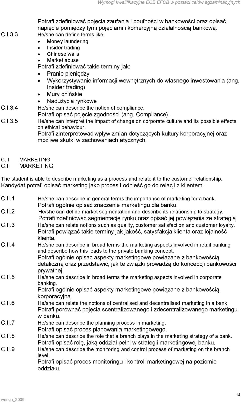 inwestowania (ang. Insider trading) Mury chińskie Nadużycia rynkowe He/she can describe the notion of compliance. Potrafi opisać pojęcie zgodności (ang. Compliance).