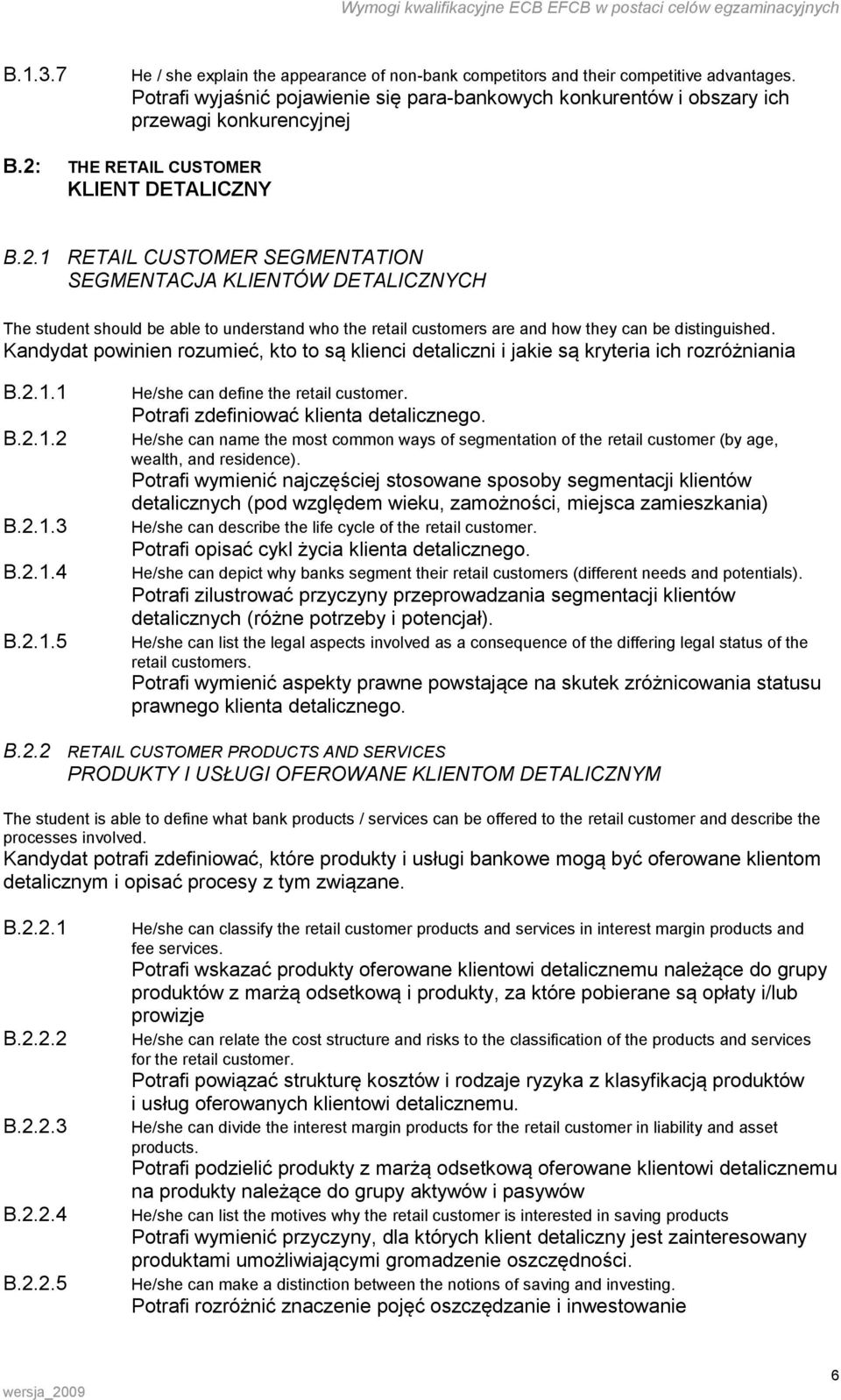 Kandydat powinien rozumieć, kto to są klienci detaliczni i jakie są kryteria ich rozróżniania B.2.1.1 B.2.1.2 B.2.1.3 B.2.1.4 B.2.1.5 He/she can define the retail customer.