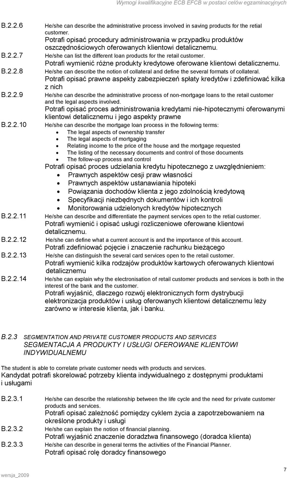 Potrafi wymienić różne produkty kredytowe oferowane klientowi detalicznemu. He/she can describe the notion of collateral and define the several formats of collateral.